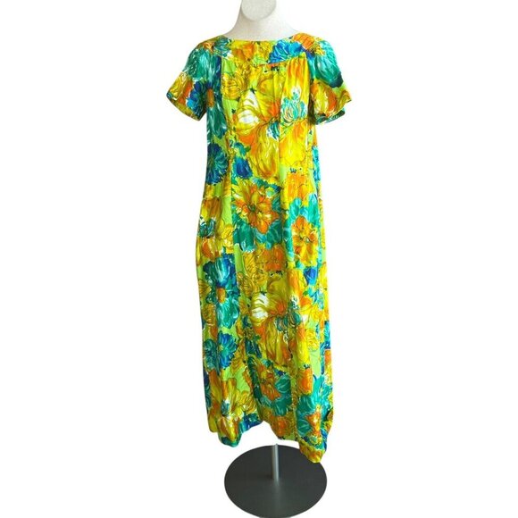 Alice Polynesian Fashions 60s Colorful Floral Tiki Maxi Muumuu Caftan Dress - Picture 9 of 10
